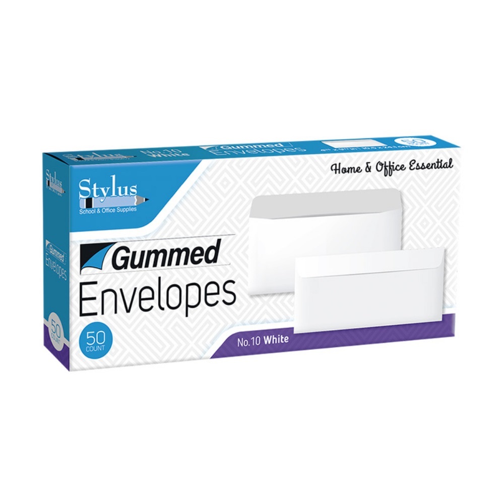 Stylus Gummed White Envelopes #10 50ct
