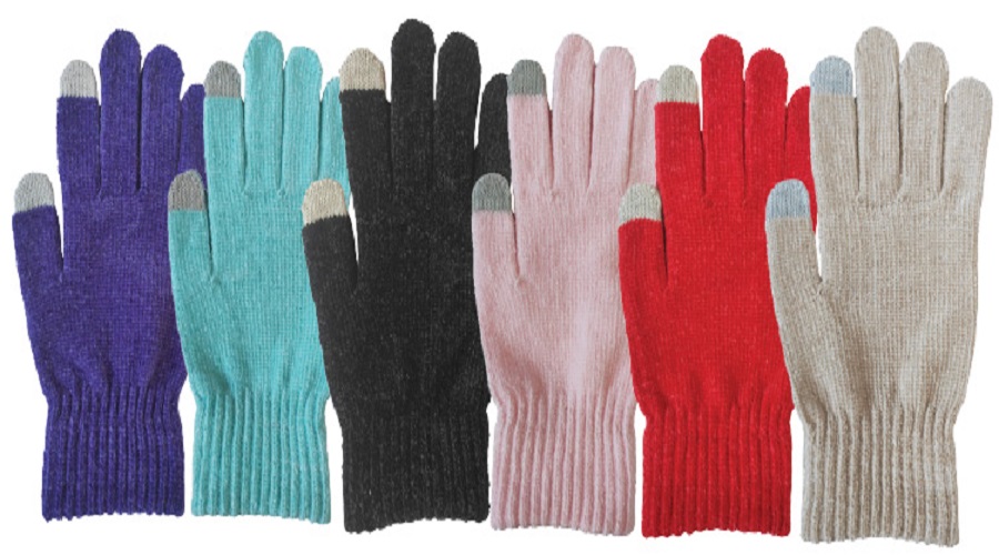 Chenille Glove Asst Clr Touchscreen For Adult 12ct